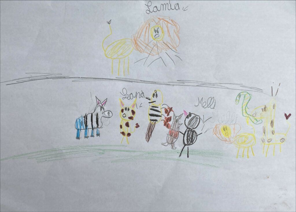 Eine bunte Zeichnung von einem Kind mit einem Löwen und vielen anderen Tieren darauf.